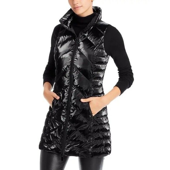 My Anorak Black Metallic Chevron Quilted Down Puffer Vest Full Zip Shiny Sz XS - Picture 1 of 16